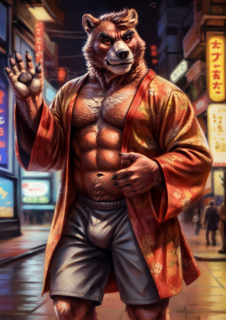 00154-1249559221-kumatetsu, bear, male, solo, yellow eyes, partially clothed, abs, pecs, kimono, yukata, bottomwear, tokyo, street, akihabara, ne.png
